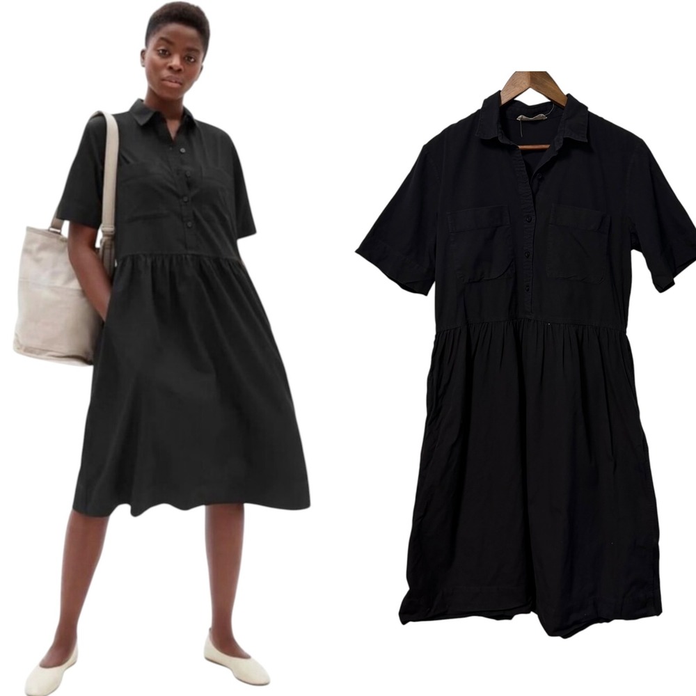 Everlane Parklet Shirt Dress Women 8 Black Short Sleeve Cotton Pocket Minimalist